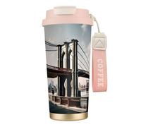 GaxfjRu Tazza da caffè isolata con doppio coperchio con stampa del ponte di Brooklyn Bridge, 500 ml, in acciaio inox 316, con strato interno in acciaio inox con cannuccia