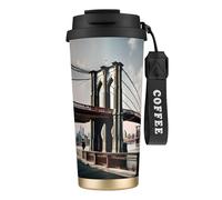 GaxfjRu Tazza da caffè isolata con doppio coperchio con stampa del ponte di Brooklyn Bridge, 500 ml, in acciaio inox 316, con strato interno in acciaio inox con cannuccia