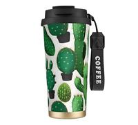 GaxfjRu Tazza da caffè isolata con doppio coperchio con stampa di cactus verde, 500 ml, in acciaio inox 316, con strato interno in acciaio inox, con cannuccia