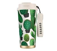 GaxfjRu Tazza da caffè isolata con doppio coperchio con stampa di cactus verde, 500 ml, in acciaio inox 316, con strato interno in acciaio inox, con cannuccia