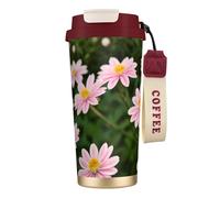 GaxfjRu Tazza da caffè isolata con doppio coperchio con stampa floreale in oro bianco rosa, 500 ml, in acciaio inox 316, con strato interno in acciaio inox 316, con cannuccia