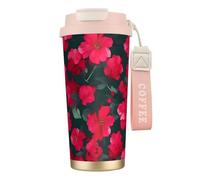 GaxfjRu Tazza da caffè isolata con doppio coperchio con stampa floreale rossa e rosa, 500 ml, in acciaio inox 316, con strato interno e cannuccia