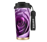 GaxfjRu Tazza da caffè isolata con doppio coperchio con stampa rosa viola, 500 ml, in acciaio inox 316, con strato interno in acciaio inox 316, con cannuccia
