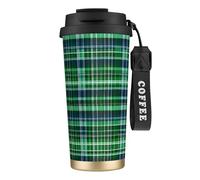 GaxfjRu Tazza da caffè isolata con doppio coperchio con stampa scozzese scozzese blu e verde, 500 ml, in acciaio inox 316, con strato interno in acciaio inox 316, con cannuccia