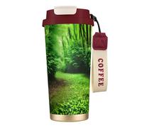 GaxfjRu Tazza da caffè isolata con doppio coperchio con stampa verde della natura, 500 ml, in acciaio inox 316, con strato interno in acciaio inox 316, con cannuccia