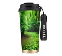 GaxfjRu Tazza da caffè isolata con doppio coperchio con stampa verde della natura, 500 ml, in acciaio inox 316, con strato interno in acciaio inox 316, con cannuccia