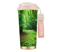 GaxfjRu Tazza da caffè isolata con doppio coperchio con stampa verde della natura, 500 ml, in acciaio inox 316, con strato interno in acciaio inox 316, con cannuccia