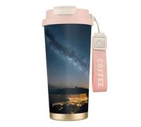 GaxfjRu Tazza da caffè isolata con doppio coperchio e stampa tramonto cielo notturno, 500 ml, in acciaio inox 316, con strato interno in acciaio inox 316, con cannuccia