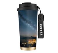 GaxfjRu Tazza da caffè isolata con doppio coperchio e stampa tramonto cielo notturno, 500 ml, in acciaio inox 316, con strato interno in acciaio inox 316, con cannuccia