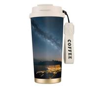 GaxfjRu Tazza da caffè isolata con doppio coperchio e stampa tramonto cielo notturno, 500 ml, in acciaio inox 316, con strato interno in acciaio inox 316, con cannuccia