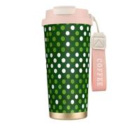 GaxfjRu Tazza da caffè isolata con doppio coperchio verde a pois da 500 ml, in acciaio inox 316, con strato interno in acciaio inox 316, con cannuccia