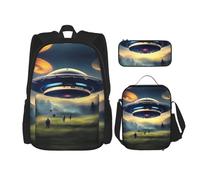 GaxfjRu UFO Landing Print - Set di 3 zaini per la scuola, con borsa per il pranzo, astuccio per matite, grande capacità da 43 cm, 3 in 1