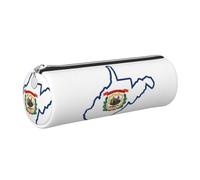 GaxfjRu West Virginia - Astuccio rotondo in ecopelle con bandiera dello Stato della Virginia Occidentale, per penne, matite, pennarelli, piccoli oggetti con cerniera in metallo e pelle, Argento