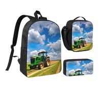GaxfjRu Zaino leggero con stampa di trattore sotto cielo blu e nuvole bianche, zaino per la scuola con portapranzo e astuccio per matite