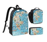 GaxfjRu Zaino leggero con stampa mappa della Grecia, 3 pezzi, zaino per la scuola con portapranzo e astuccio per matite