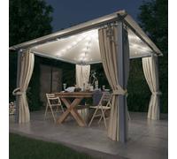 Gazebo con Tende Stringa di Luci LED 300x300 cm Crema Alluminio