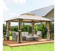 Gazebo da Giardino 3.7 x 3 m con Zanzariera, Tende Laterali e Doppio Tetto, Beige