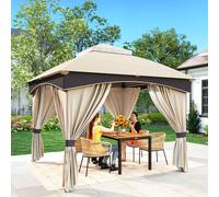 Gazebo da Giardino 3x3m in Acciaio con Doppio Tettuccio e Tende, Beige e Grigio