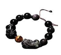 GBASDXU Braccialetto Feng Shui della ricchezza, Talismano di ricchezza regolabile del drago Pixiu di ossidiana nera, cristallo Reiki, Chakra al quarzo (doppio nero, 12 mm)