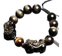 GBASDXU Braccialetto Feng Shui della ricchezza, Talismano di ricchezza regolabile Drago Pixiu di ossidiana nera Cristallo Reiki Chakra Quarzo (doppio oro, 12 mm)