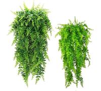 GBESTWOOW Boston Ferns - Piante artificiali in rattan persiano da appendere, in finta pianta verdeggiante, per esterni, resistente ai raggi UV, decorazione per pareti, feste di nozze, 2 pezzi