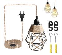 GBKDQQ Lampada a sospensione con spina, E27 con cavo di canapa da 450 cm e gabbia in metallo, lampada vintage industriale per camera da letto, soggiorno, cucina, con interruttore, senza lampadina