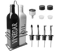GBKDQQ Set di 2 dispenser di olio e aceto in vetro da 500 ml, design in bianco e nero, con supporto per caddy, beccuccio e imbuto in acciaio inox, a prova di perdite per olio d'oliva e balsamico in