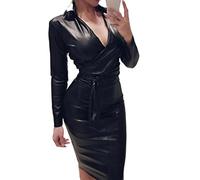 GBZIJIE Gonna Pelle Donna,Gonna Pelle Abito da Donna Casual con Mantello con Scollo a V PU. Abiti da Camicia Sottile a Maniche Lunghe in Pelle(XL)