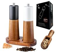 GCFTIFF Macinaspepe in legno con sottovaso e cucchiaio, set di macinaspezie in legno massiccio e nucleo in acciaio ceramica, set di utensili da cucina, regalo di inaugurazione della casa (2 pezzi