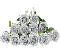 Gcljlmy 12 rose nere artificiali, 21 in singolo, fiori artificiali, rosa nera per sposa, bouquet di nozze, giardino, soggiorno, hotel, ufficio, decorazione (argento)