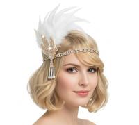 Gcroet Copricapo da donna anni '20, Fascia per capelli vintage con fascia elastica, Accessorio per capelli da showgirl con cristalli e perle per costume, Festa a tema Bianco...