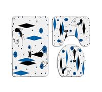 GCTNBJL Set di 3 tappetini da bagno moderni metà secolo gatto nero Starbursts atomico astratto blu geometrico iconico retrò anni '50 e '60 tappetini da bagno, copriwater, a forma di U e tappetino da
