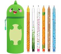 GDFJBG Kawaii - Custodia per scuola 2 in 1, in morbido silicone + 8 penne cancellabili multicolore, portapenne impermeabile con cerniera, set di forniture per la scuola, 0,7 mm, Dinosauri, Kawaii