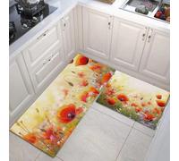 GDJSMIN 2 Pezzi Tappetino Da Cucina Antiscivolo Set Di Tappeti Da Cucina, Tappetini E Tappeti Campi Papaveri Rossi Lavabili Per Corridoio, Sala Da Pranzo E Ingresso,45×75Cm+45×150Cm