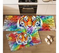 GDJSMIN 2 Pezzi Tappetino Da Cucina Antiscivolo Set Di Tappeti Da Cucina, Tappetini E Tappeti Motivo A Tigre Su Muro Di Mattoni Lavabili Per Corridoio, Sala Da Pranzo E Ingresso,45×75Cm+45×150Cm