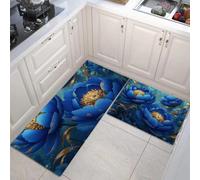 GDJSMIN 2 Pezzi Tappetino Da Cucina Antiscivolo Set Di Tappeti Da Cucina, Tappetini E Tappeti Peonia Blu Del Mondo Sottomarino Lavabili Per Corridoio, Sala Da Pranzo E Ingresso,45×75Cm+45×150Cm