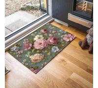 GDJSMIN Antiscivolo Zerbino Ingresso Interno, Tappeto Verde Salvia Camera Cucina 50 X 80 Cm, Tappeti Lavabili In Lavatrice Giardino Inglese Retrò Motivo Con Rose Rosa E Foglie Verdi Pelo Corto Rug