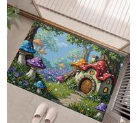 GDJSMIN Antiscivolo Zerbino Ingresso Interno, Tappeto Verde Smeraldo Camera Cucina 50 x 80 cm, Tappeti Lavabili In Lavatrice Scena Di Foresta FantasyCasa Dei Funghi Delle Fiabe Pelo Corto Rug