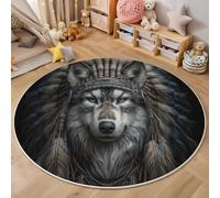 GDJSMIN Copricapo Piume Indiane Lupo Realistico Tappeto Rotondo Salotto, Morbido Illustrazione Fauna Selvatica Tappetini Antiscivolo Tappeto Per Casa Zona Balcone Tappet Tavolino (Nero,200Cm)