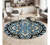 GDJSMIN Forme Floreali Geometriche Tappeto Per Soggiorno, Rotondo 180Cm Per Camera Da Letto Soggiorno,Disegni Mandala Intricati Lavabile Antiscivolo Rotondo Per Sala Da Pranzo,Blu