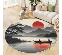 GDJSMIN Grigio Tappeto Pittura Di Paesaggio Rotondo 80Cm Tappeto Elementi Della Montagna Del Sole Rosso Per Soggiorno Tappeti Lavabile Antiscivolo Per Soggiorno Camera Da Letto Ufficio Area Decor