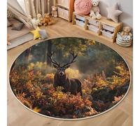 GDJSMIN Maestoso Cervo Rosso Tappeto Per Soggiorno, Rotondo 160Cm Per Camera Da Letto Soggiorno,Scena Fauna Selvatica Nella Boscaglia Lavabile Antiscivolo Rotondo Per Sala Da Pranzo,Colore Arancione