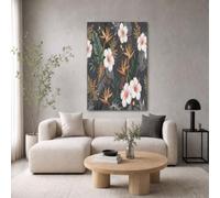 GDJSMIN Mobili Tropicali Ibisco Bianco Foglia Di Palma,30×40 Cm Stampe Da Parete Quadro Verticale Su Tela Canvas Soggiorno,Oro,Senza Cornice