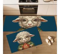 GDJSMIN Set Di 2 Tappeti Da Cucina Animali Cartoni Animati, Tappetini Da Cucina Lavabili, Runner Antiscivolo Simpatico Motivo A Pecorelle Tappetino Assorbente Per Ingresso, Blu Scuro