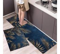 GDJSMIN Set Di 2 Tappeti Da Cucina Antifatica, Foglie Piante Tropicalitappetini Da Cucina Per La Decorazione Della Casa E L'Ufficio, Tappetini Da Cucinas Comodi (Foglie Palma Dorate,45×75Cm+45×150Cm)