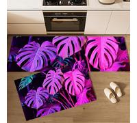 GDJSMIN Set Di 2 Tappeti Da Cucina Antifatica, Piante Della Giungla Tappetini Da Cucina Per La Decorazione Della Casa E L'Ufficio, (Foglie Monstera Rosa Neon Viola,44×70Cm+44×120Cm)