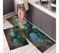 GDJSMIN Set Di 2 Tappeti Da Cucina Antifatica,Scena Di Un Bosco Fantastico, Tappetini Da Cucina Per La Decorazione Della Casa E L'Ufficio,Antiscivolo, (Albero Magico Gigante,40×60Cm+40×120Cm)