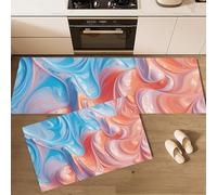 GDJSMIN Set Di 2 Tappeti Da Cucina Estetica Dell'Arte Fluida, Tappetini Da Cucina Lavabili, Runner Antiscivolo Texture Astratta Delle Onde Tappetino Assorbente Per Ingresso, Blu Arancione