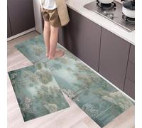 GDJSMIN Set Di 2 Tappeti Da Cucina Sfondo Scena Del Bosco Dei Sogni, Tappetini Da Cucina Lavabili, Runner Antiscivolo Alberi Alti Tappetino Assorbente Per Ingresso,Verde Eucalipto