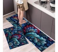 GDJSMIN Set Di 2 Tappeti Da Cucina Vortici Motivo A Vite,Tappetini Da Cucina Lavabili,Runner Antiscivolo Motivo Paisley Tappetino Assorbente Per Ingresso E Corridoio,Blu Scuro, 50×80Cm+50×120Cm